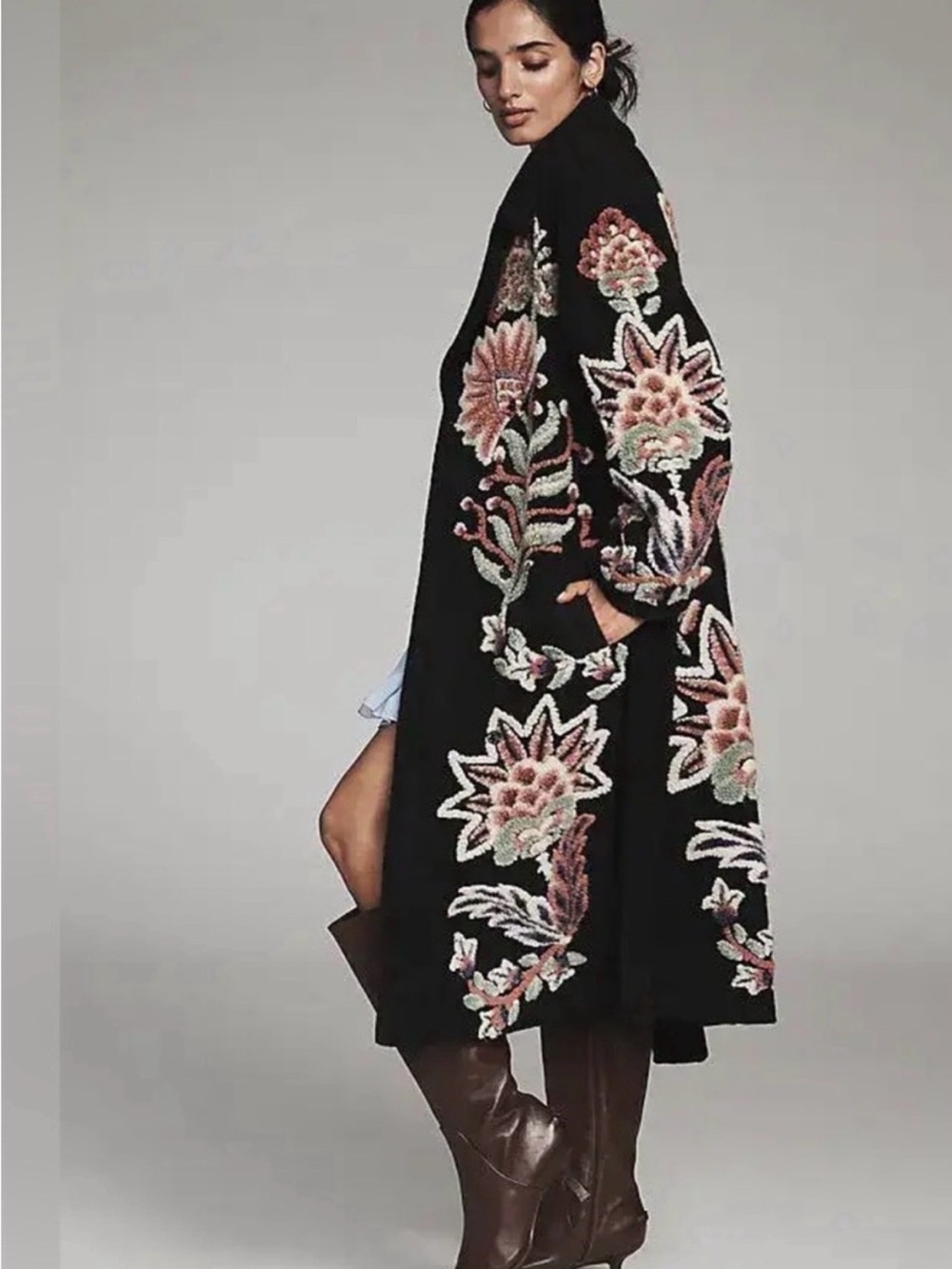 FARM Rio Black Coat with Pink & Green Floral Embroidery